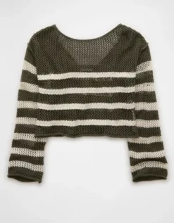 AE Off The Shoulder Crochet Sweater Green -American Eagle Fashion 0341 1572 300 f