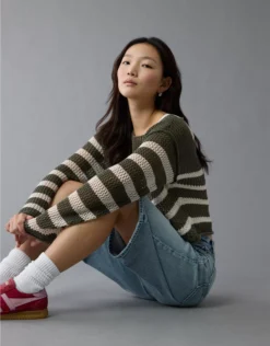 AE Off The Shoulder Crochet Sweater Green