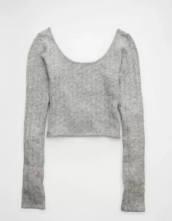 AE Whoa So Soft Cropped Scoop Neck Sweater Medium Heather Gray -American Eagle Fashion 0341 1616 012 b