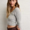 AE Whoa So Soft Cropped Scoop Neck Sweater Medium Heather Gray