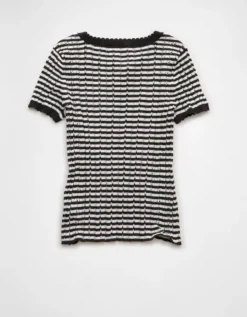 AE Henley Pointelle Sweater T-Shirt Black Stripe -American Eagle Fashion 0341 1657 032 b