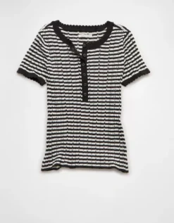 AE Henley Pointelle Sweater T-Shirt Black Stripe -American Eagle Fashion 0341 1657 032 f