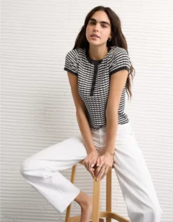 AE Henley Pointelle Sweater T-Shirt Black Stripe