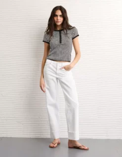 AE Henley Pointelle Sweater T-Shirt Black Stripe -American Eagle Fashion 0341 1657 032 os