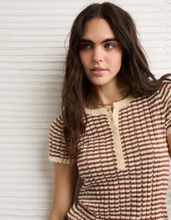 AE Henley Pointelle Sweater T-Shirt Mauve -American Eagle Fashion 0341 1657 182 d2