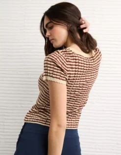 AE Henley Pointelle Sweater T-Shirt Mauve -American Eagle Fashion 0341 1657 182 ob