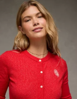 AE X The Summer I Turned Pretty Crew Neck Cardigan Red -American Eagle Fashion 0346 1563 600 d2