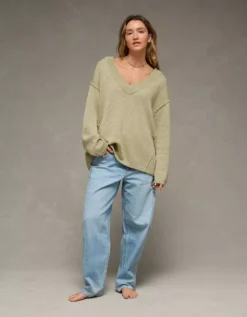 AE Big Hug V-Neck Sweater Green -American Eagle Fashion 0348 1523 300 os