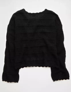AE Cropped Crochet Sweater Bold Black -American Eagle Fashion 0348 1530 064 b