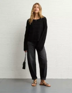 AE Cropped Crochet Sweater Bold Black -American Eagle Fashion 0348 1530 064 os