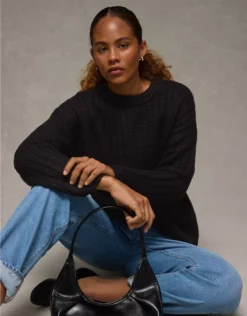 AE Oversized Waffle Sweater Black