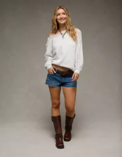 AE Whoa So Soft Lace Sweater Light Heather Gray -American Eagle Fashion 0348 1631 092 os