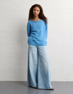 AE Whoa So Soft Lace Sweater Gravity Blue -American Eagle Fashion 0348 1631 407 os