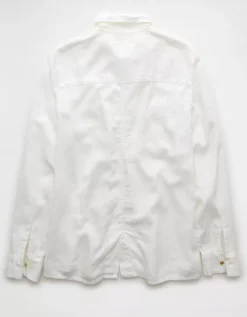 AE Weekend Vibes Linen-Blend Long-Sleeve Button-Up Shirt White -American Eagle Fashion 0355 6127 100 b