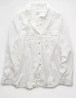 AE Weekend Vibes Linen-Blend Long-Sleeve Button-Up Shirt White -American Eagle Fashion 0355 6127 100 f