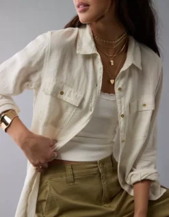 AE Weekend Vibes Linen-Blend Long-Sleeve Button-Up Shirt Multi -American Eagle Fashion 0355 6146 900 os