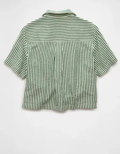 AE Short-Sleeve Tie Side Seersucker Button-Up Shirt Green -American Eagle Fashion 0355 6414 300 b