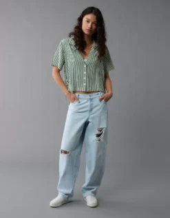 AE Short-Sleeve Tie Side Seersucker Button-Up Shirt Green -American Eagle Fashion 0355 6414 300 d2