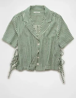 AE Short-Sleeve Tie Side Seersucker Button-Up Shirt Green -American Eagle Fashion 0355 6414 300 f