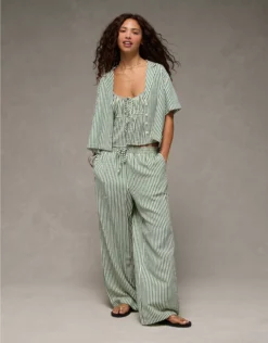 AE Short-Sleeve Tie Side Seersucker Button-Up Shirt Green