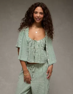 AE Short-Sleeve Tie Side Seersucker Button-Up Shirt Green -American Eagle Fashion 0355 6414 300 os