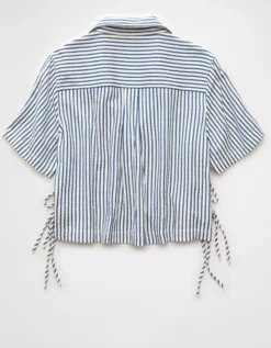 AE Short-Sleeve Tie Side Seersucker Button-Up Shirt Blue -American Eagle Fashion 0355 6414 400 b