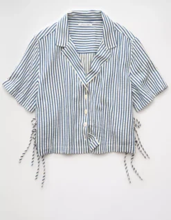 AE Short-Sleeve Tie Side Seersucker Button-Up Shirt Blue -American Eagle Fashion 0355 6414 400 f
