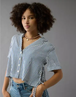 AE Short-Sleeve Tie Side Seersucker Button-Up Shirt Blue