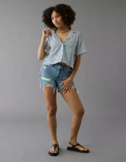 AE Short-Sleeve Tie Side Seersucker Button-Up Shirt Blue -American Eagle Fashion 0355 6414 400 os