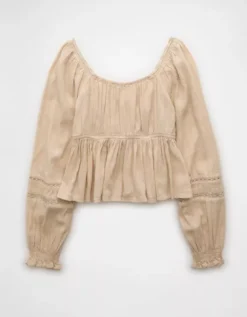 AE Long-Sleeve Babydoll Blouse Cream -American Eagle Fashion 0358 6041 106 b