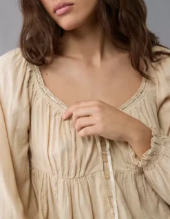 AE Long-Sleeve Babydoll Blouse Cream -American Eagle Fashion 0358 6041 106 d2