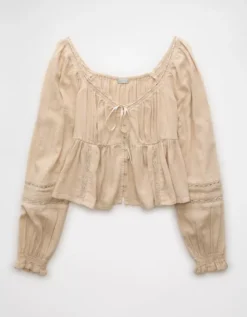 AE Long-Sleeve Babydoll Blouse Cream -American Eagle Fashion 0358 6041 106 f