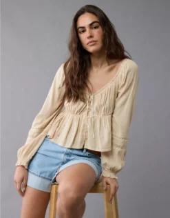 AE Long-Sleeve Babydoll Blouse Cream