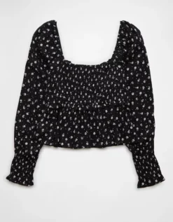 AE Long-Sleeve Smocked Tie Front Blouse Black -American Eagle Fashion 0358 6043 001 b
