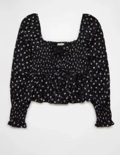 AE Long-Sleeve Smocked Tie Front Blouse Black -American Eagle Fashion 0358 6043 001 f