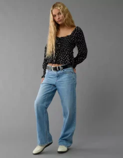 AE Long-Sleeve Smocked Tie Front Blouse Black -American Eagle Fashion 0358 6043 001 os