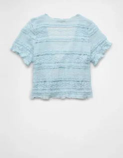 AE Tie Front Lace Shirt Light Blue -American Eagle Fashion 0358 6077 401 b