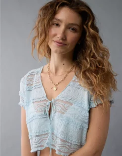 AE Tie Front Lace Shirt Light Blue