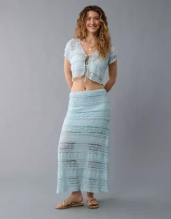 AE Tie Front Lace Shirt Light Blue -American Eagle Fashion 0358 6077 401 os