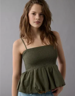 AE Smocked Bubble Tank Top Olive