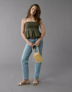 AE Smocked Bubble Tank Top Olive -American Eagle Fashion 0358 6201 309 os