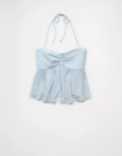 AE Cinched Flyaway Striped Halter Top Light Blue -American Eagle Fashion 0358 6231 401 f