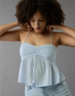 AE Cinched Flyaway Striped Halter Top Light Blue