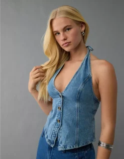 AE Denim V-Neck Halter Vest Medium Wash