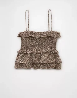 AE Square Neck Smocked Ruffle Cami Brown -American Eagle Fashion 0358 6264 200 b