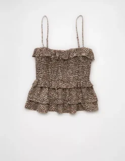 AE Square Neck Smocked Ruffle Cami Brown -American Eagle Fashion 0358 6264 200 f