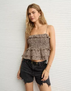 AE Square Neck Smocked Ruffle Cami Brown -American Eagle Fashion 0358 6264 200 os