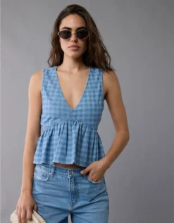 AE V-Neck Denim Babydoll Tank Top Medium Wash