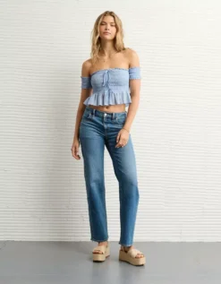 AE Off The Shoulder Smocked Tie Front Crop Top Light Blue -American Eagle Fashion 0358 6273 401 d2