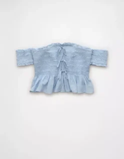 AE Off The Shoulder Smocked Tie Front Crop Top Light Blue -American Eagle Fashion 0358 6273 401 f